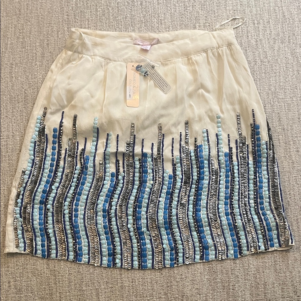 Romeo & Juliet Couture Cream and Blue Embellished Mini Skirt
